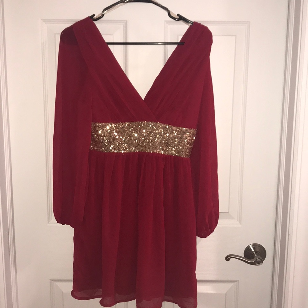 Red Dress with Gold Sequins.